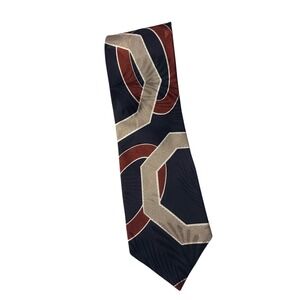 Bugatti Mens Silk Tie Italian Blue Red Tan Geometric Palm Leaf Jacquard Design